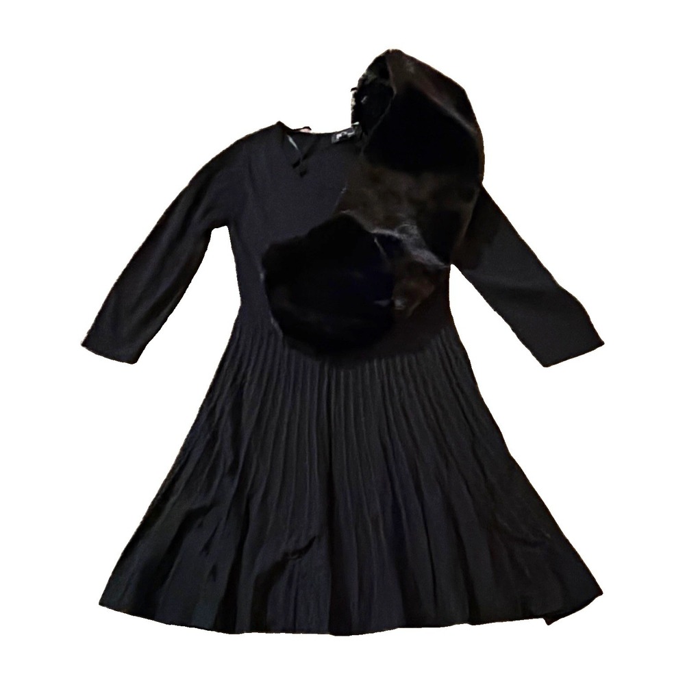 BCX Black Pleated A-Line Dress Womens M Solid Knee Length 3/4 Sleeve Fur Scarf